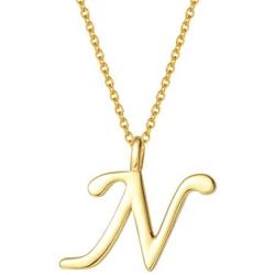 FANCIME Yellow Gold Plated Initial Necklace High Polish Monogram Letter Initial Necklace Sterling Silver Fine Jewelry for Women Girls 16” + 2” Extender