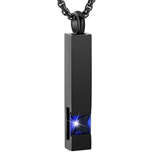 BLESSILY Cremation Jewelry Urn Necklace for Ashes for Men Square Cube Stainless Steel Memorial Keepsake Pendant with Blue Birthstone