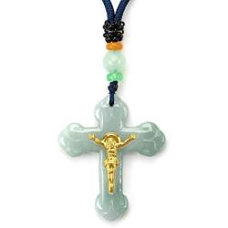 Jade Cross Jesus Necklace Pendant Inlaid with 22K Gold Good Luck Charm Jade Jewelry