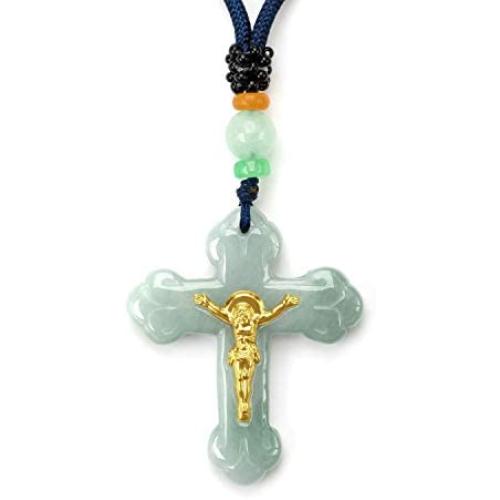 Jade Cross Jesus Necklace Pendant Inlaid with 22K Gold Good Luck Charm Jade Jewelry