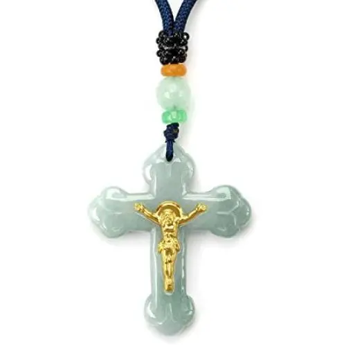 Jade Cross Jesus Necklace Pendant Inlaid with 22K Gold Good Luck Charm Jade Jewelry Jade Cross Jesus Necklace Pendant Inlaid with 22K Gold Good Luck Charm Jade Jewelry