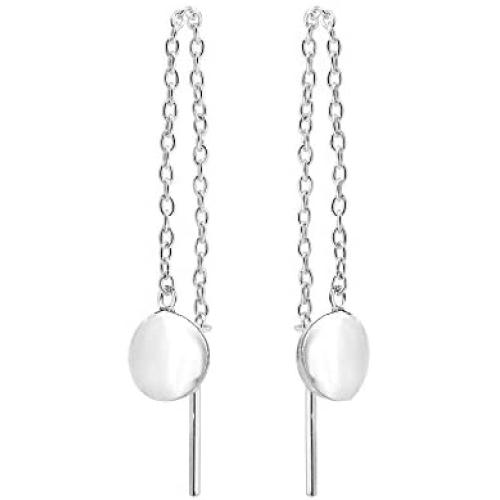 Trendy Circular Disc Thread Slide-Through .925 Sterling Silver Earrings