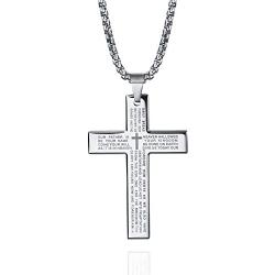 Mens Stainless Steel Cross Necklace with Lords Prayer Inscription, Cross Pendant Necklace