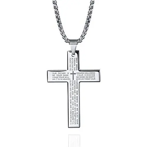 Mens Stainless Steel Cross Necklace with Lords Prayer Inscription, Cross Pendant Necklace