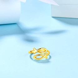 Adjustable Deer Antler Ring Christian Fish Ring 925 Sterling Silver 18K Gold Plated Jesuse Fish Ichthus Ring for Women Girls Amulet Ring Wedding Ring Jewelry Gift