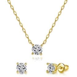 Howoo 14K Gold Plated Dainty Necklaces and Stud Earrings Set Cubic Zirconia Pendant Necklace Gold Earrings for Women Girls Gift