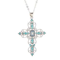 Cross Bohemian Pendant Necklace Crystal Celtic Chain Jewelry for Women Girls (Blue)