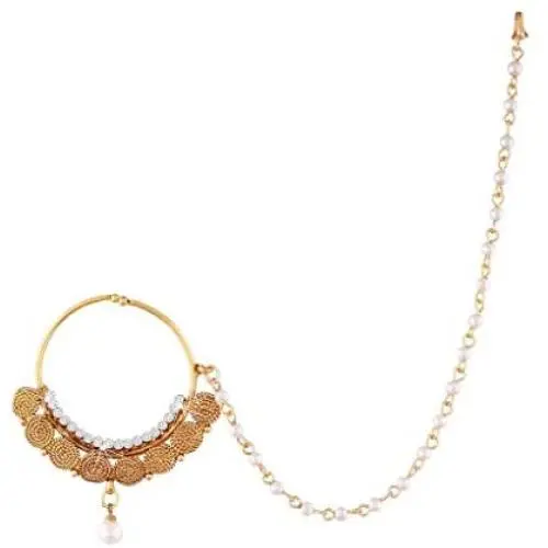 Aheli Wedding Party Pearl Nose Ring Nath with Pearl Chain Traditional Indian Jewelry for Women Aheli Wedding Party Pearl Nose Ring Nath with Pearl Chain Traditional Indian Jewelry for Women