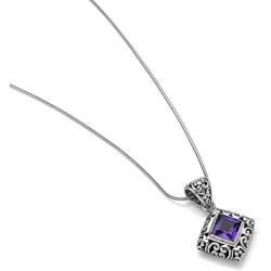 Sterling Silver Filigree Gemstone Square Pendant Necklace w/ 18'' Silver Chain