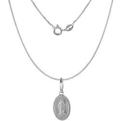 Very Tiny Sterling Silver Miraculous Medal Necklace Oval Virgin Mary Italy 1/2 inch, 0.8mm Chain