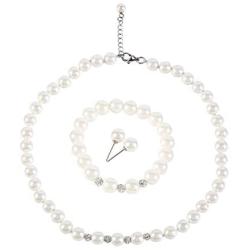 LEILE White 8mm Glass Pearls Necklace Bracelet Earring Diamond Jewelry 3 Set Wholesale for Women Little Girls