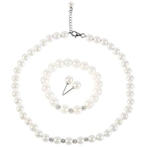 LZMEI White 8mm Glass Pearls Necklace Bracelet Earring Diamond Jewelry 3 Set Wholesale for Women Little Girls (16inch)