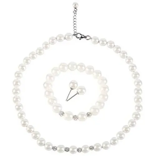 LZMEI White 8mm Glass Pearls Necklace Bracelet Earring Diamond Jewelry 3 Set Wholesale for Women Little Girls (16inch)