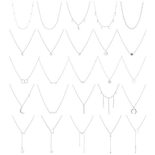 Honsny 25 Pieces Layered Choker Necklaces for Women Gold Multilayer Necklaces Set Adjustable Dainty Moon Star Coin Bar Pearl Pendant Necklaces Jewelry for Valentine’s Day Birthday Gifts