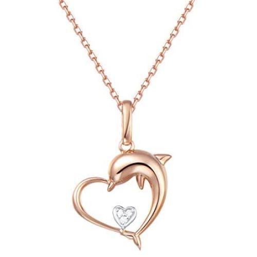 Mothers Day Gifts 18K 14K Solid Rose Gold White Gold Diamond Dolphin Heart Dainty Pendant Necklace Fine Jewelry Anniversary Birthday Gifts for Women Girls Mom Daughter Her with Jewelry Box, 16''+2''