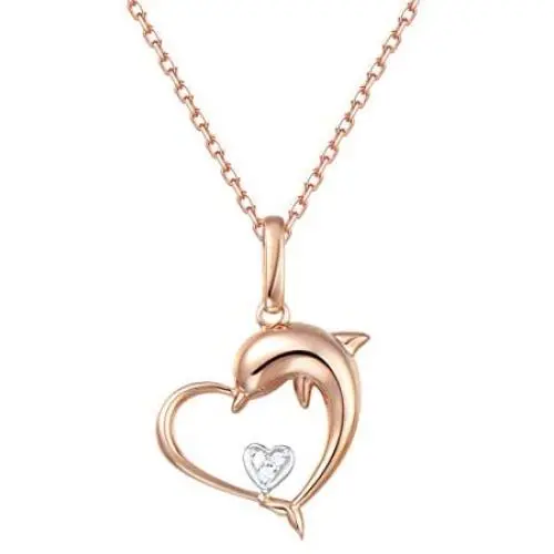 Mothers Day Gifts 18K 14K Solid Rose Gold White Gold Diamond Dolphin Heart Dainty Pendant Necklace Fine Jewelry Anniversary Birthday Gifts for Women Girls Mom Daughter Her with Jewelry Box, 16''+2''