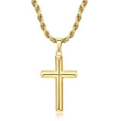 DTLA 14K Gold Plated Cross Pendant 3mm Rope Chain Necklace - Choose Chain Length