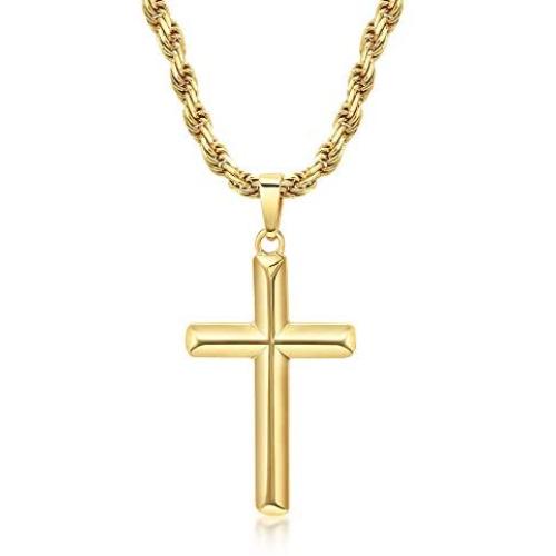 DTLA 14K Gold Plated Cross Pendant 3mm Rope Chain Necklace - Choose Chain Length