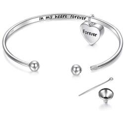 YinShan Easter Gifts Women Cremation Jewelry 925 Sterling Silver Memorial Ashes Keepsake Urn Bangle Bracelet with Heart Drop Pendant Engraved in My Heart Forever