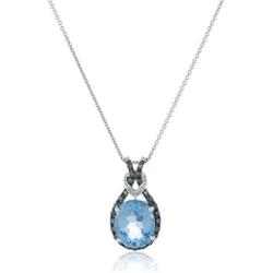 Jewelili Sterling Silver Blue Topaz Oval with Blue and White Diamond Knot Pendant Necklace, 18'' Rolo Chain