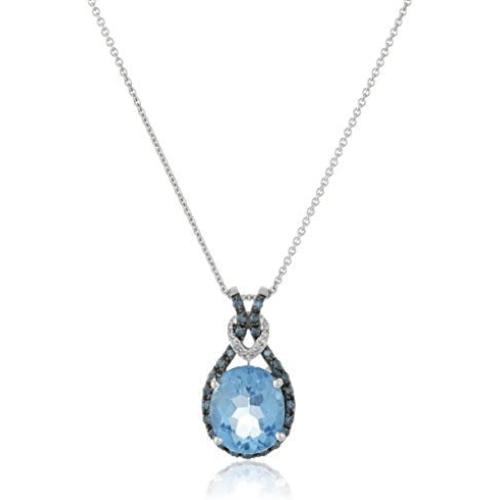 Jewelili Sterling Silver Blue Topaz Oval with Blue and White Diamond Knot Pendant Necklace, 18'' Rolo Chain