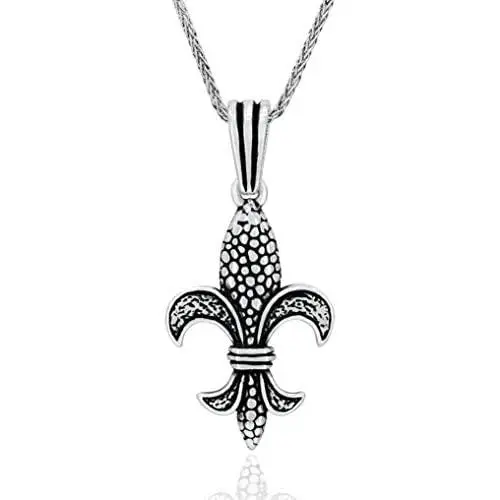 Mens Necklace 925 Sterling Silver Necklace with 24 inch Silver Chain Necklace Length, Jewelry Necklaces for Men, Fleur de Lis Theme Pendants Men Necklace