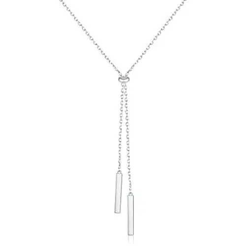 Sterling Silver Long Tassel Necklace Bar Y Lariat Long Chain Drop Adjustable Necklace Gift for Her, 28 Inches