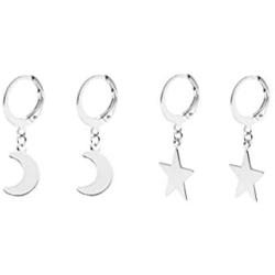 2PC Small Stars Moon Hoop Earrings,Cute Gold/Silver Mini Huggie Hoop Dangle Earrings for Women Simple Ear Piercing Chic Jewelry for Teen Girls Men