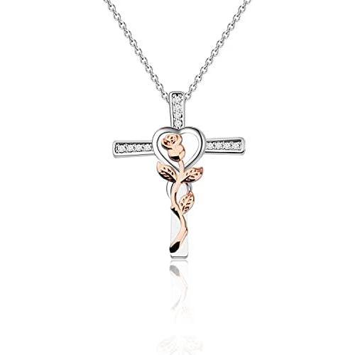 HOLLP Rose Flower Necklace Cross Pendant Necklace with Rose Flower Necklace Jewelry Gift for Godmother Goddaughter Wife Mom Girlfriend Friend