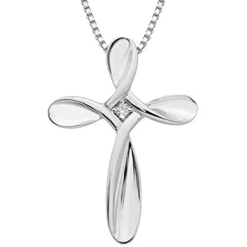 .925 Sterling Silver Diamond Accent Looped Cross Pendant Necklace with 18'' Box Chain (I Color, I1 Clarity)