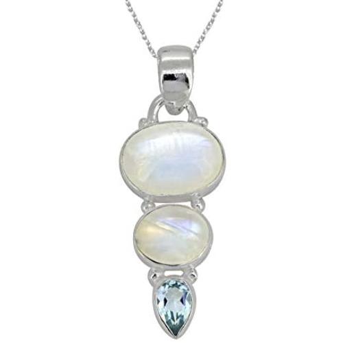 YoTreasure 1.65'' Rainbow Moonstone Blue Topaz 925 Sterling Silver Chain Pendant
