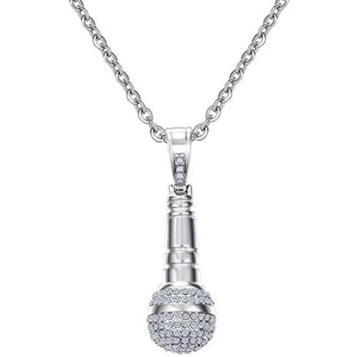 Mealguet Jewlery Stainless Steel Cubic Zirconia CZ Microphone Pendant Necklace for Women with Chain