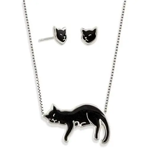 925 Sterling Silver Cat Necklace and Stud Earrings Polymer Clay Kitten Jewelry Set, 16.5''