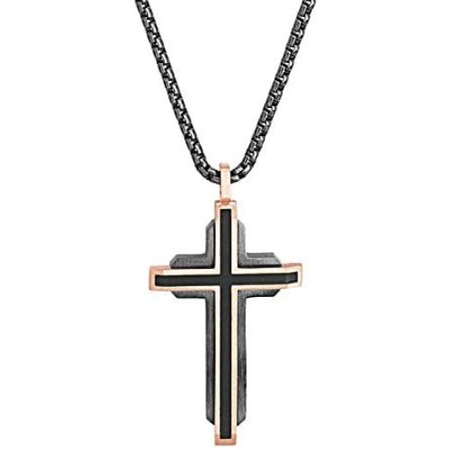 Steve Madden Mens Two-Tone Fancy Cross Necklace on 26'' Box Chain in Rose Gold IP and Gunmetal IP Plated Stainless Steel, Rose Gold-Tone/Gunmetal-Tone, 26