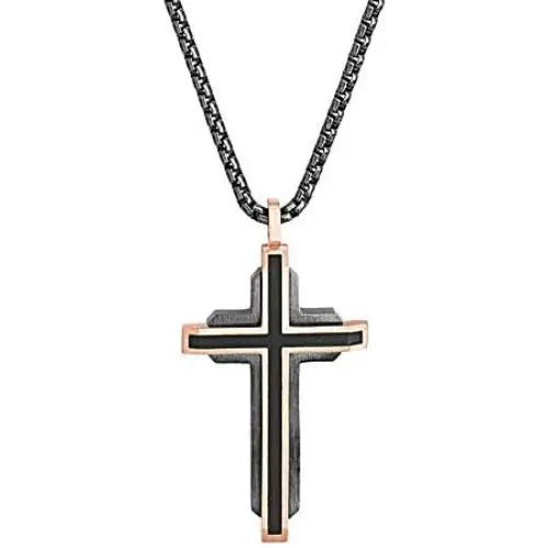 Steve Madden Mens Two-Tone Fancy Cross Necklace on 26'' Box Chain in Rose Gold IP and Gunmetal IP Plated Stainless Steel, Rose Gold-Tone/Gunmetal-Tone, 26