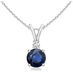 Round Blue Sapphire V-Bale Pendant Necklace with Diamond in 14K White Gold (5mm Blue Sapphire)