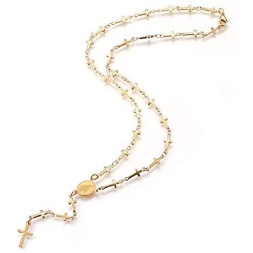 LZD Stainless Steel Rosary Bead Necklace Enamel Evil Eye Virgin Mary Cross 18'' P31
