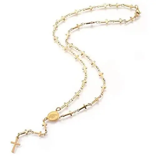 LZD Stainless Steel Rosary Bead Necklace Enamel Evil Eye Virgin Mary Cross 18'' P31