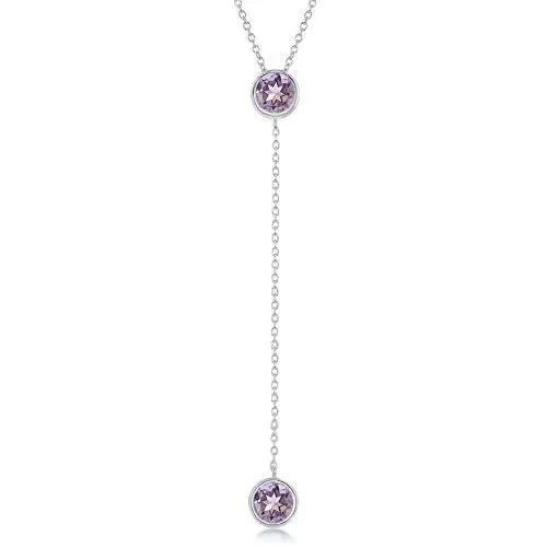 Sterling Silver Round Bezel-Set Blue Topaz or Amethyst Gemstone Lariat 16+2'' Necklace