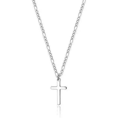 TASBERN Simple Cross Necklace Silver Stainless Steel Plain Cross Pendant Neklace for Men Women Figaro Chain 18-24 Inch TASBERN Simple Cross Necklace Silver Stainless Steel Plain Cross Pendant Neklace for Men Women Figaro Chain 18-24 Inch