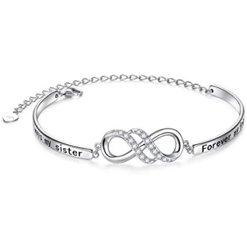 925 Sterling Silver Infinity Inspirational Bracelet With Message''Always My Sister, Forever My Friend'', Adjustable Sisters Bracelets Friendship Jewelry for Women Girls