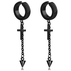 Fusamk Punk Rock Stainless Steel Cross Ear Clip Earrings Long Chain Drop Dangle Earrings