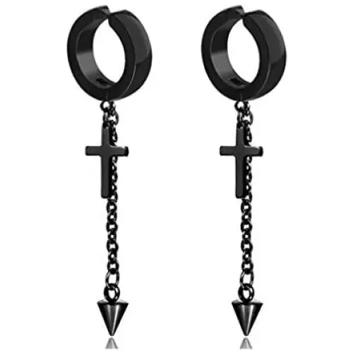 Fusamk Punk Rock Stainless Steel Cross Ear Clip Earrings Long Chain Drop Dangle Earrings