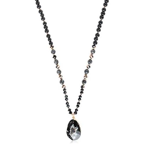 RIAH FASHION Bohemian Natural Stone Bead Long Necklace - Multi Layer Drape, Sparkly Crystal, Genuine Wood Pendant Charm Statement Chain