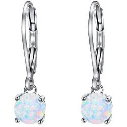 EVER FAITH 925 Sterling Silver Ear Jewelry Single 6MM Round White Opal Simple Leverback Dangle Earrings for Women