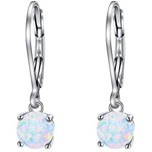 EVER FAITH 925 Sterling Silver Ear Jewelry Single 6MM Round White Opal Simple Leverback Dangle Earrings for Women