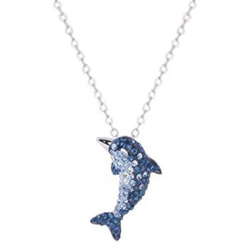 S925 Silver Blue White Gradient Crystal Dolphin Charm Pendant Necklace Gorgeous Jewelry Gifts for Women Girl, 18” Chain