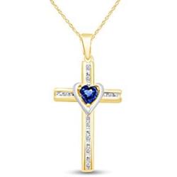 AFFY Simulated Blue Sapphire & Natural Diamond Cross Pendant Necklace inTwo-Tone Gold Over Sterling Silver