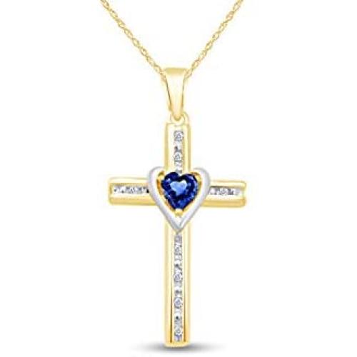 AFFY Simulated Blue Sapphire & Natural Diamond Cross Pendant Necklace inTwo-Tone Gold Over Sterling Silver
