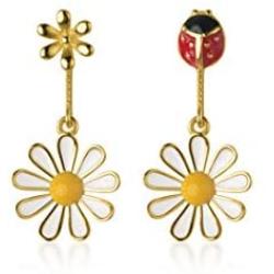 SLUYNZ 925 Sterling Silver Daisy Dangle Earrings for Women Teen Girls Cute Ladybird Flowers Drop Earrings